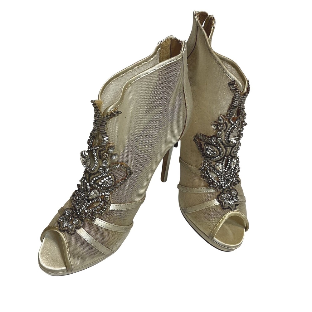 Badgley Mischka Lianna Peep Toe Booties Sz 8M Champagne Rhinestone Wedding Heels - Picture 2 of 9